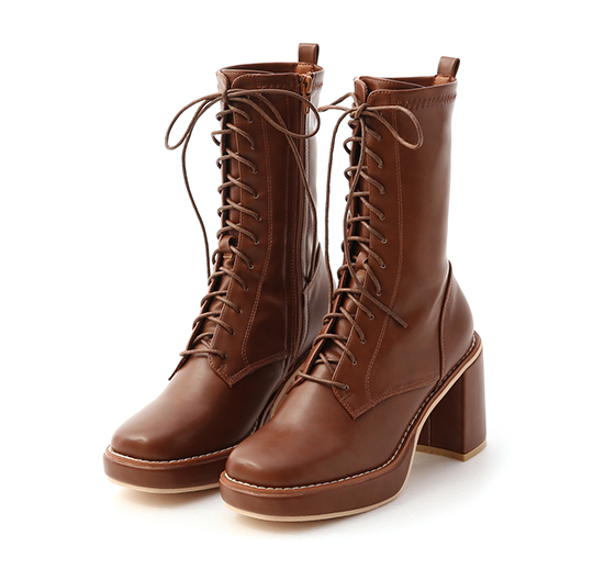 Platform Square Toe Lace-Up Boots Brown