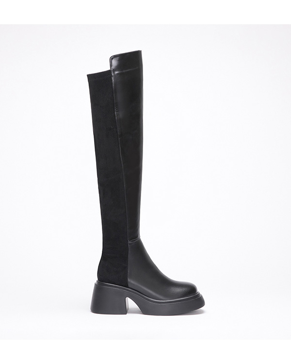 Suede Thick Sole Tall Boots Black