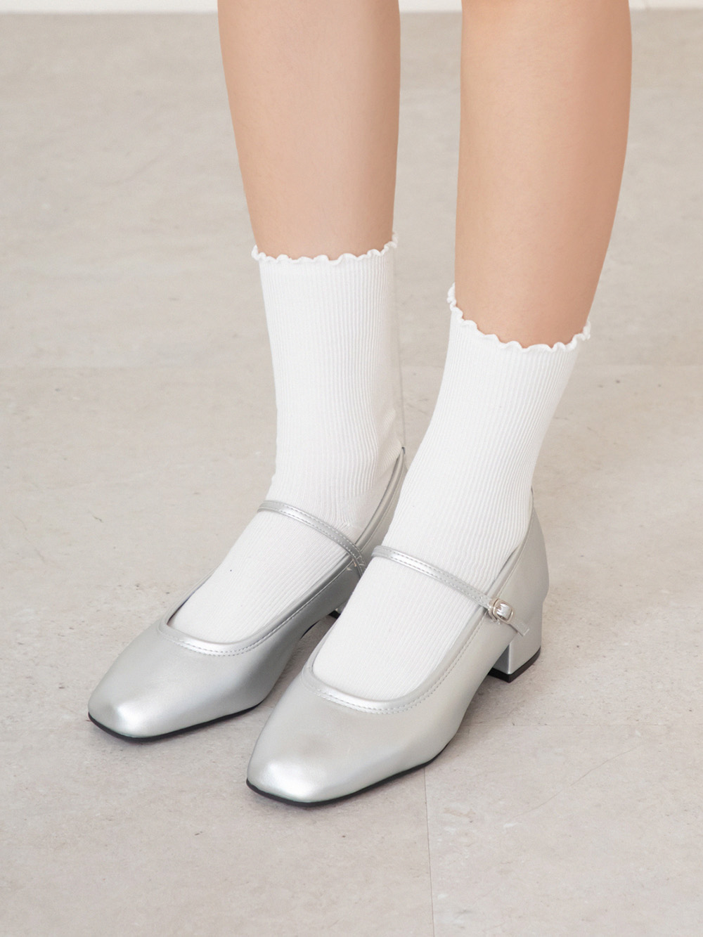 甜蜜蜜方頭氣質粗跟瑪莉珍鞋 銀色