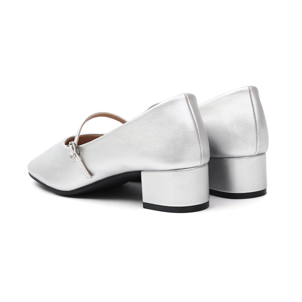 Elegant V-Cut Low Heel Mary Jane Shoes Silver