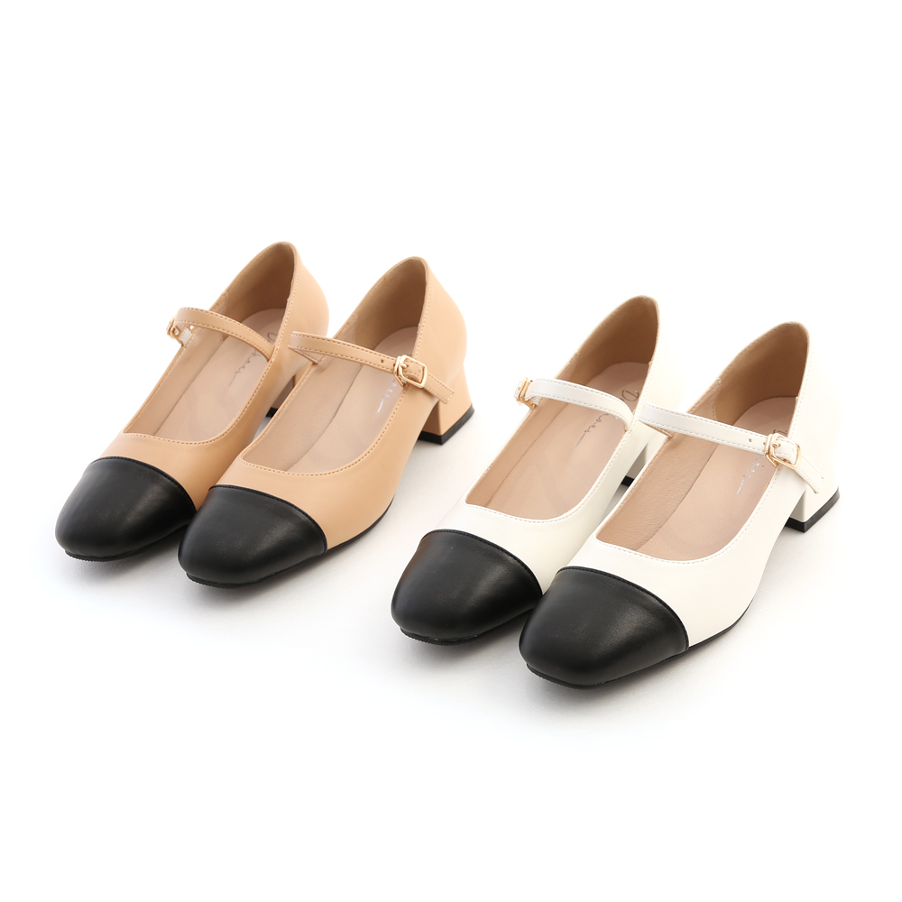 Black Toe Heeled Mary Jane Shoes White