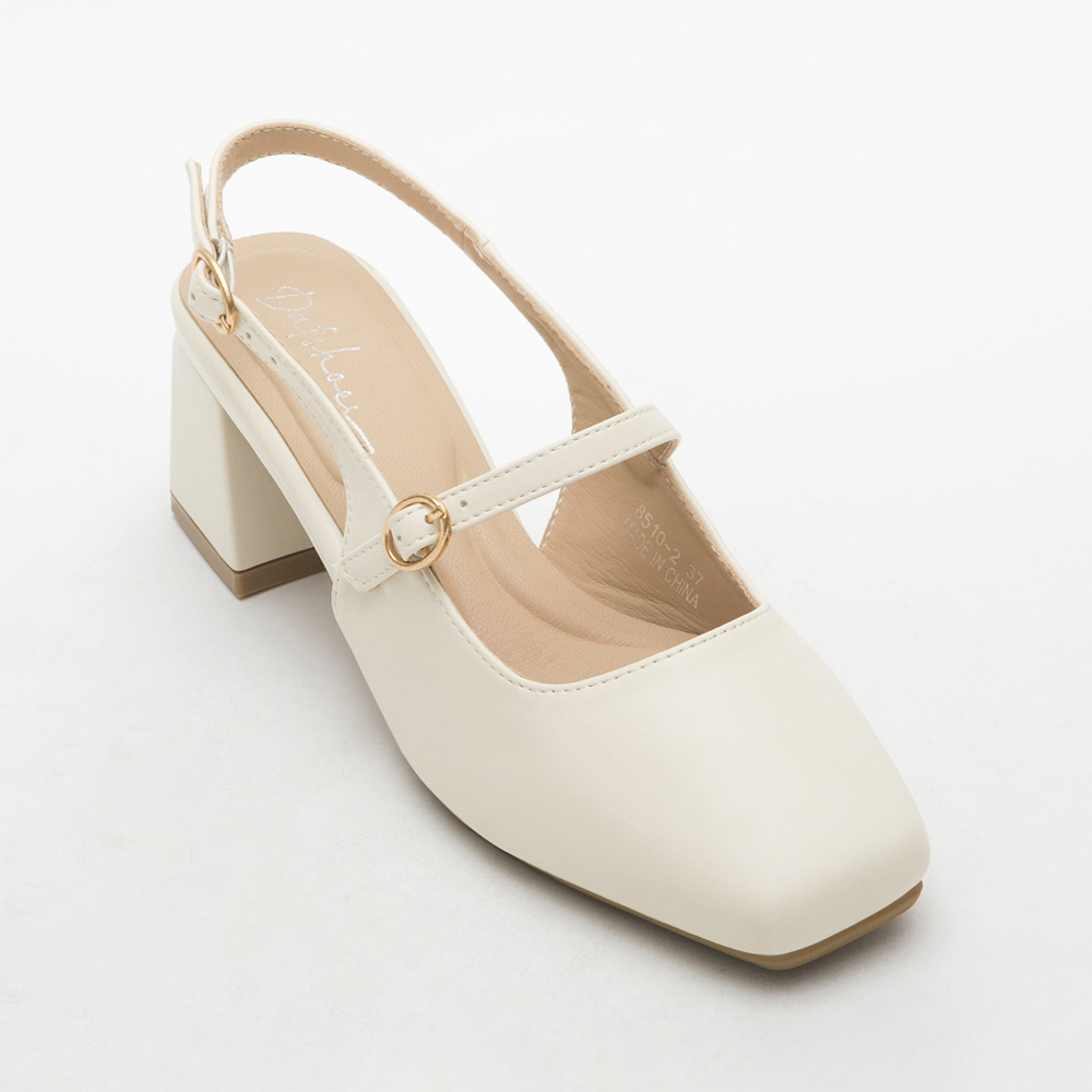 4D Cushioned Square Toe Mid-Heel Mary Jane Shoes Beige