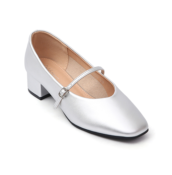 Elegant V-Cut Low Heel Mary Jane Shoes Silver