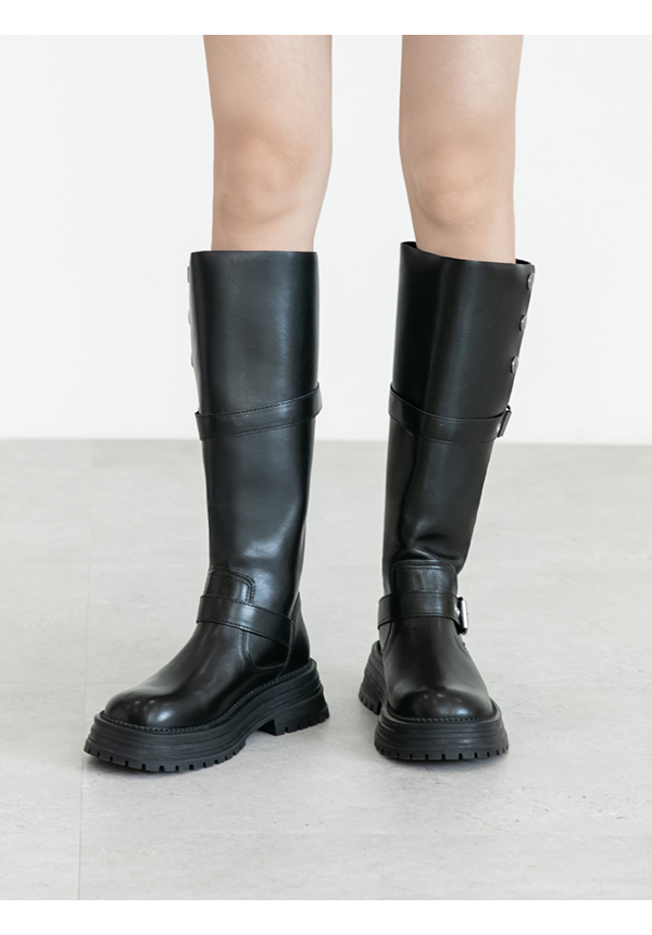 復古騎士釦環排釦機車長靴 黑色