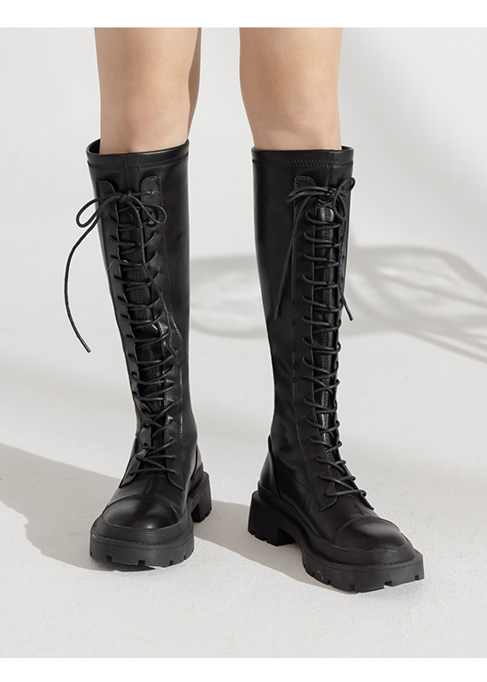 Lace-Up Under-The-Knee Boots Black