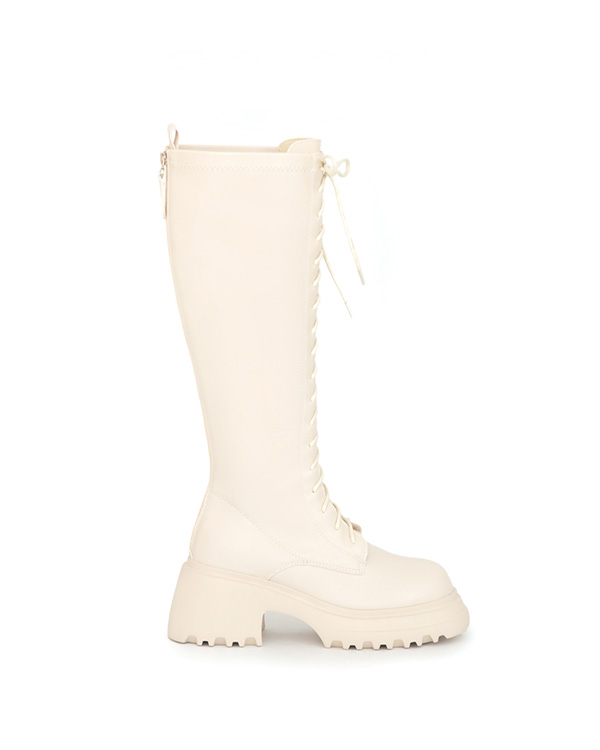 女團風輕量厚底綁帶長靴 米白色
