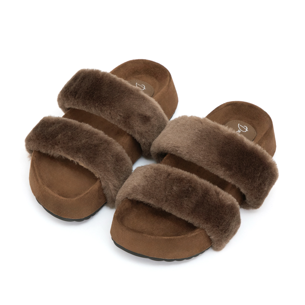 軟萌毛毛一字雙帶厚底拖鞋 咖色