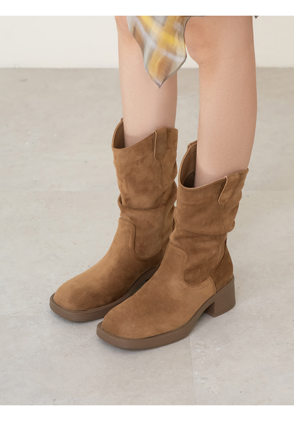 嬉皮小V口抓皺西部堆堆靴 棕色