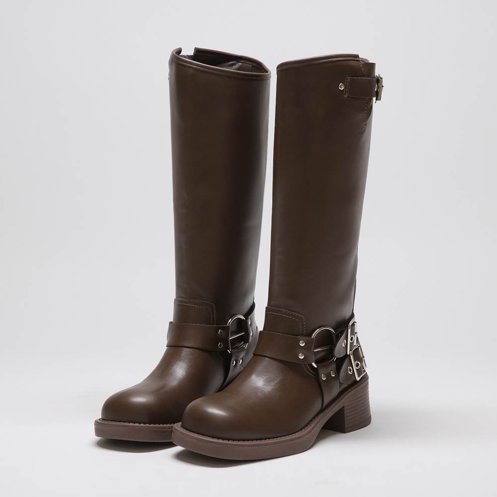 Multi-Buckle Square Toe Low-Heel Boots Dark Brown