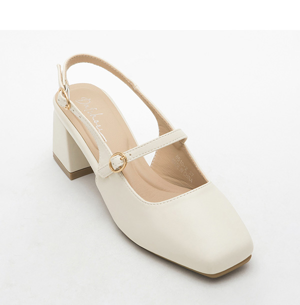 4D Cushioned Square Toe Mid-Heel Mary Jane Shoes Beige