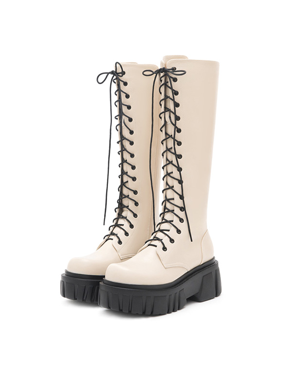 Lightweight Lug-Sole Lace-Up Boots Beige