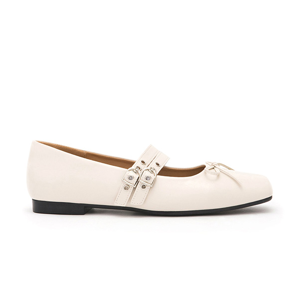 Punk Metal Double Buckle Ballet Flats White