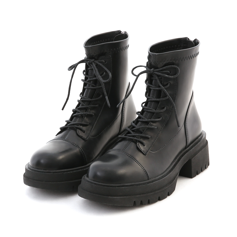 Soft Leather Thick Sole Lace-up Boots Black