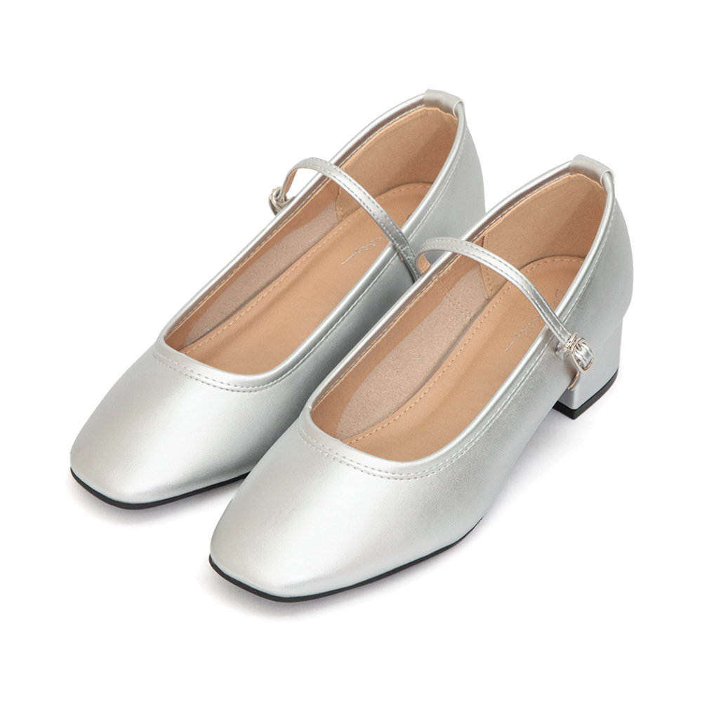 甜蜜蜜方頭氣質粗跟瑪莉珍鞋 銀色