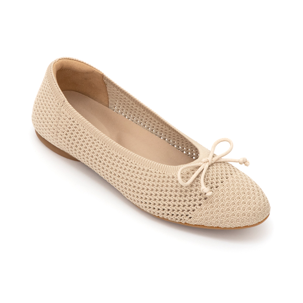 【3D零感雲織鞋】蝴蝶結圓頭芭蕾娃娃鞋 密茶杏