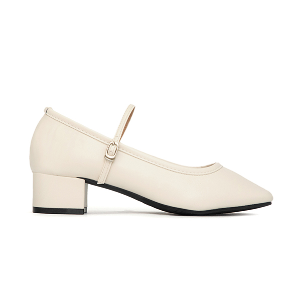 甜蜜蜜方頭氣質粗跟瑪莉珍鞋 米白色