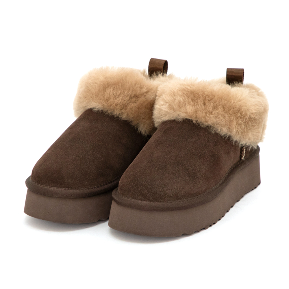 暖暖泡芙厚底翻毛真皮雪靴 咖啡色