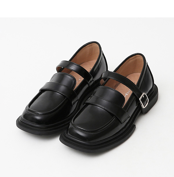Square Heell Loafers Mary Jane Shoes 漆皮黑