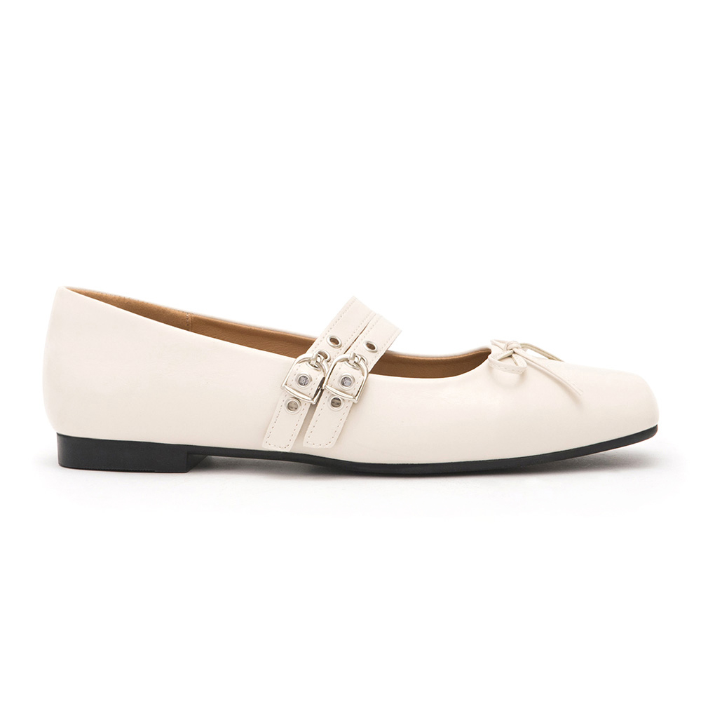 Punk Metal Double Buckle Ballet Flats White