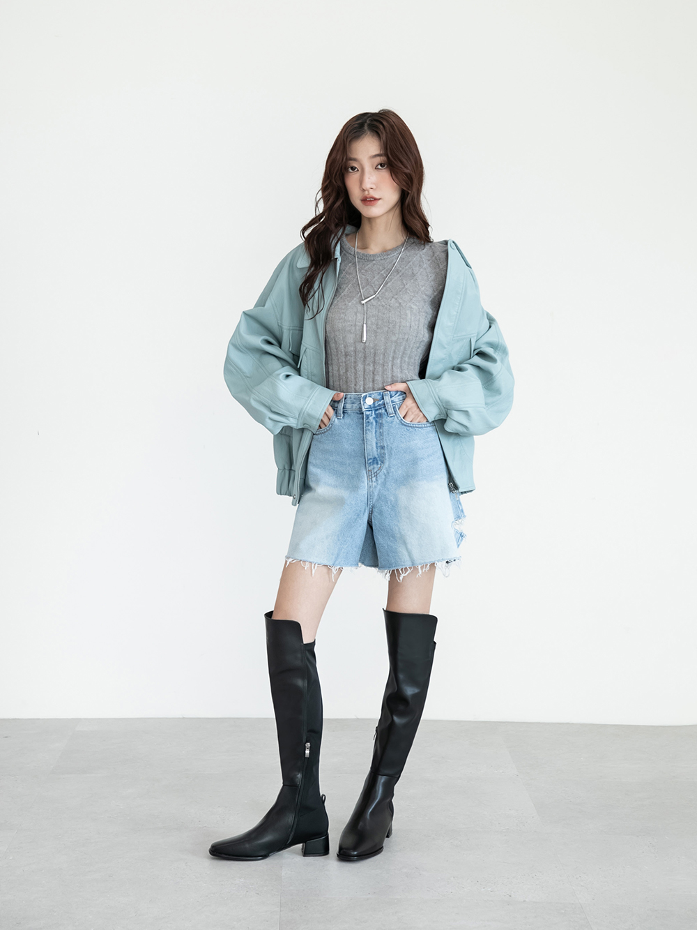 百變主題顯瘦拼接膝上長靴 黑色