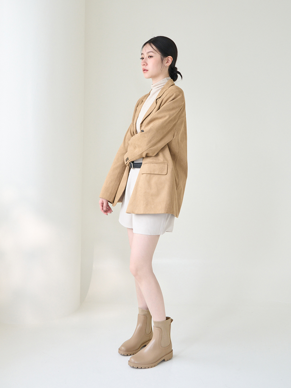 【機能鞋墊】針織拼接切爾西短筒雨靴 杏色