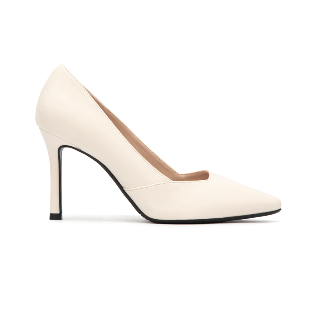 俐落雅緻尖頭斜口高跟鞋 米白色