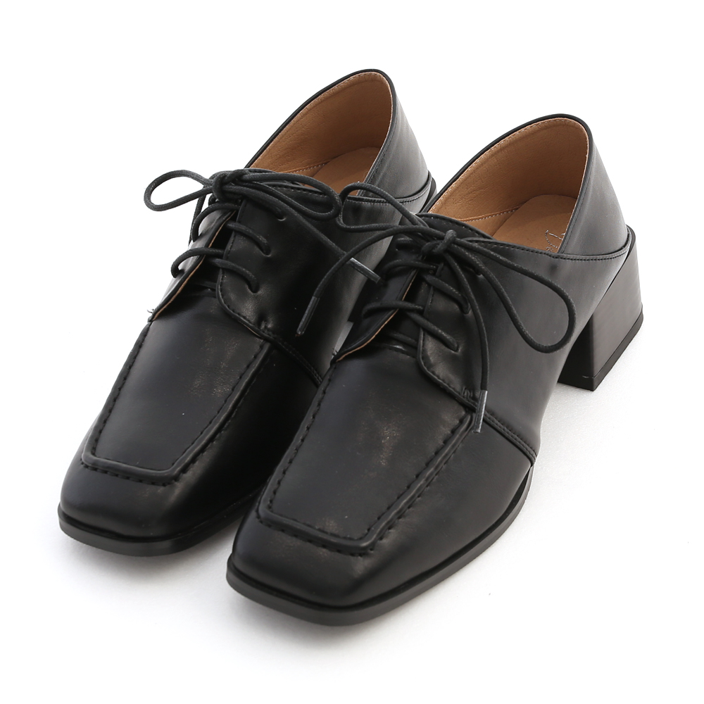 Square Toe Mid-Heel Stitched Oxfords Black