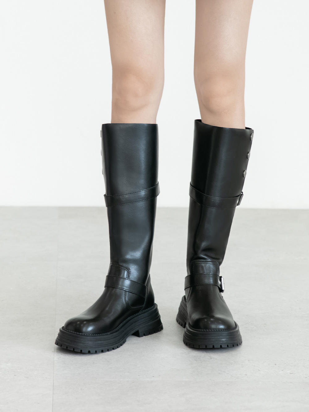 復古騎士釦環排釦機車長靴 黑色