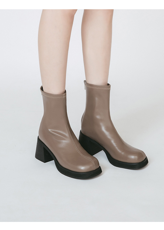 Round Toe Stitching Thick Sole Slimming Boots Mocha grey