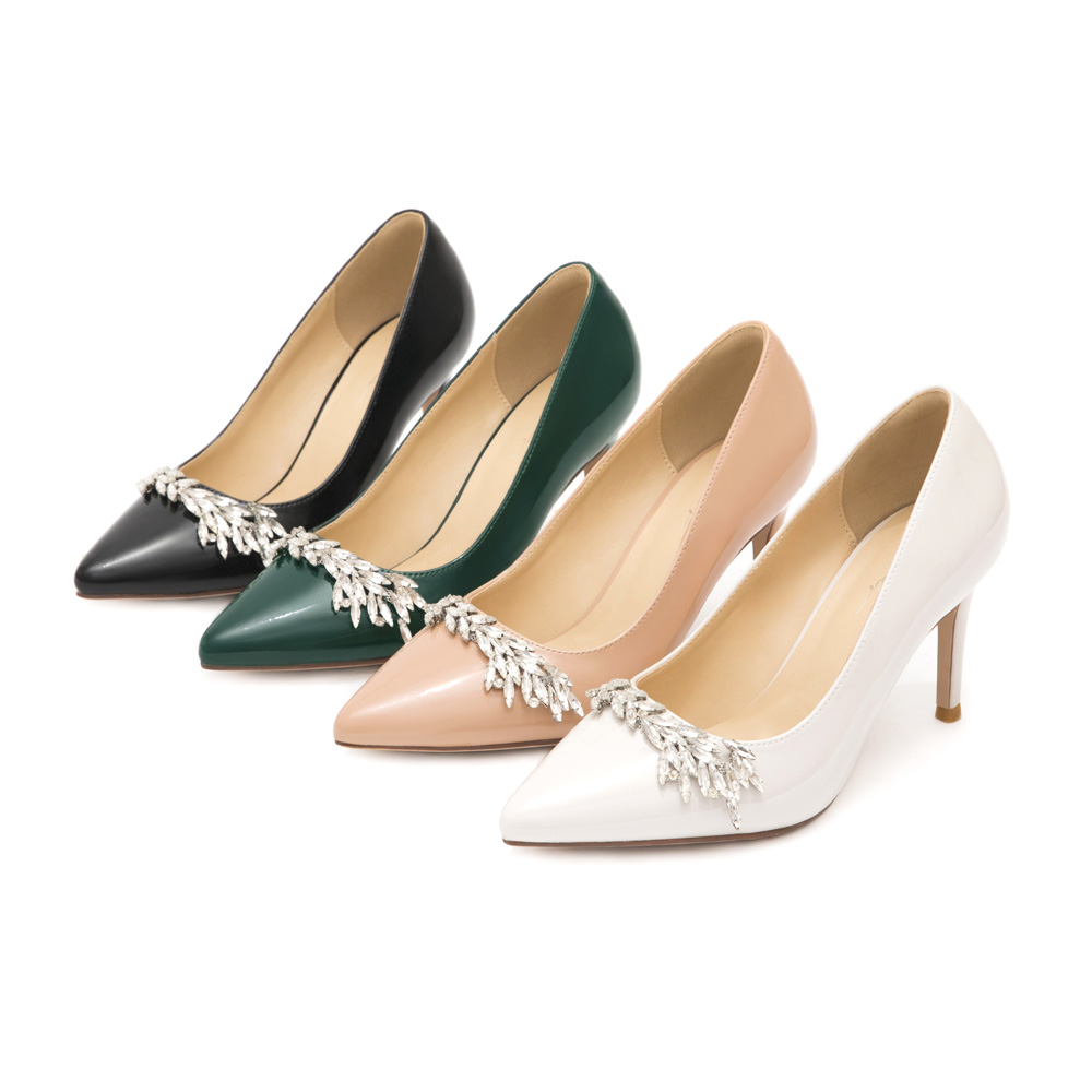 Glamour Gem-Embellished Patent Leather 8cm Heels French Vanilla White