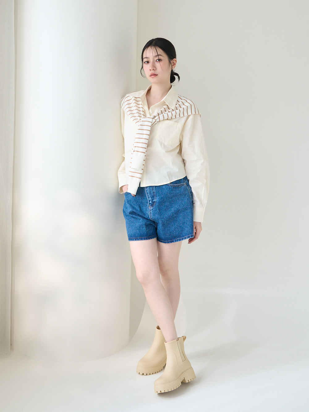 【機能鞋墊】鬆緊拼接內增高切爾西雨靴 米白色