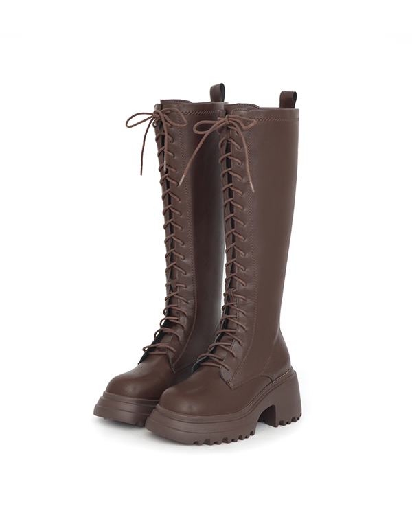 女團風輕量厚底綁帶長靴 咖啡色