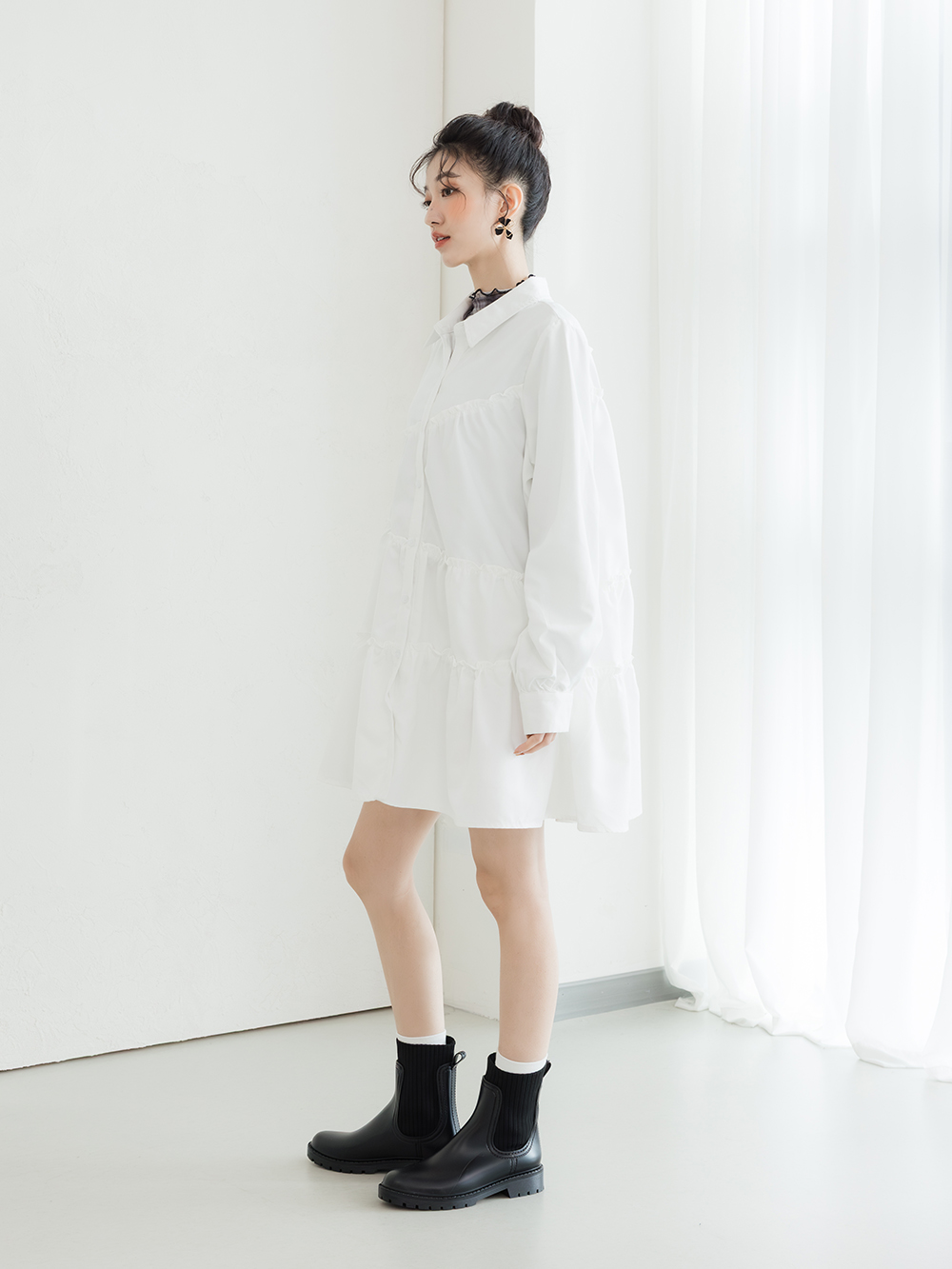 【機能鞋墊】針織拼接切爾西短筒雨靴 黑色