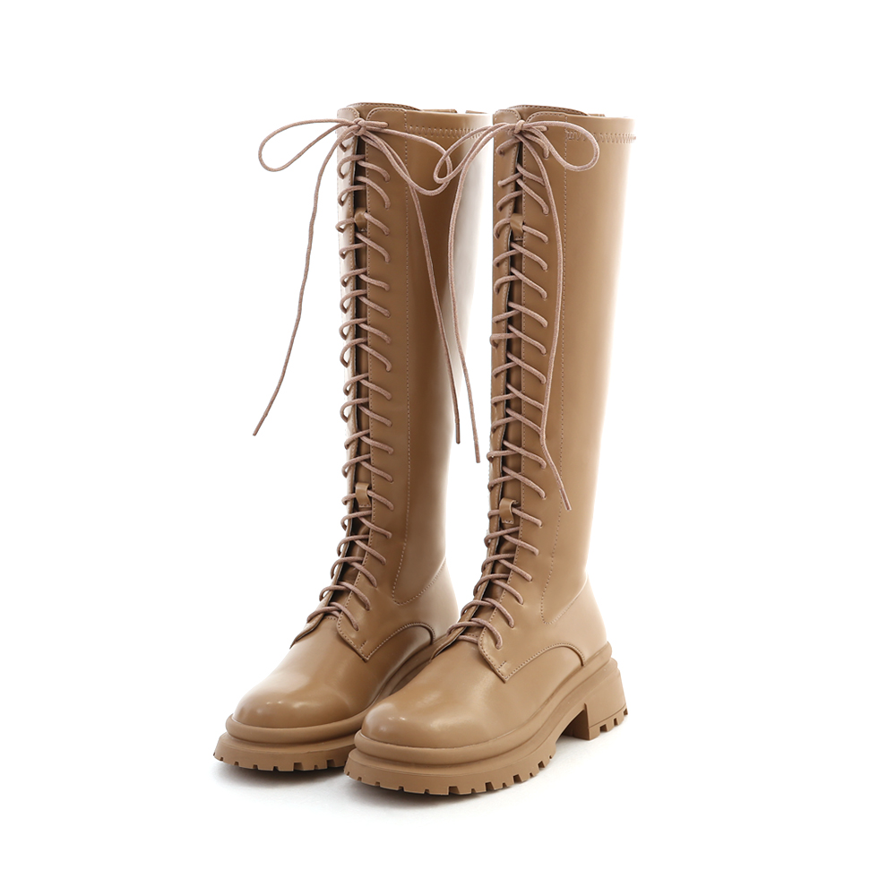 Round Toe Lace-Up Martin Tall Boots Beige
