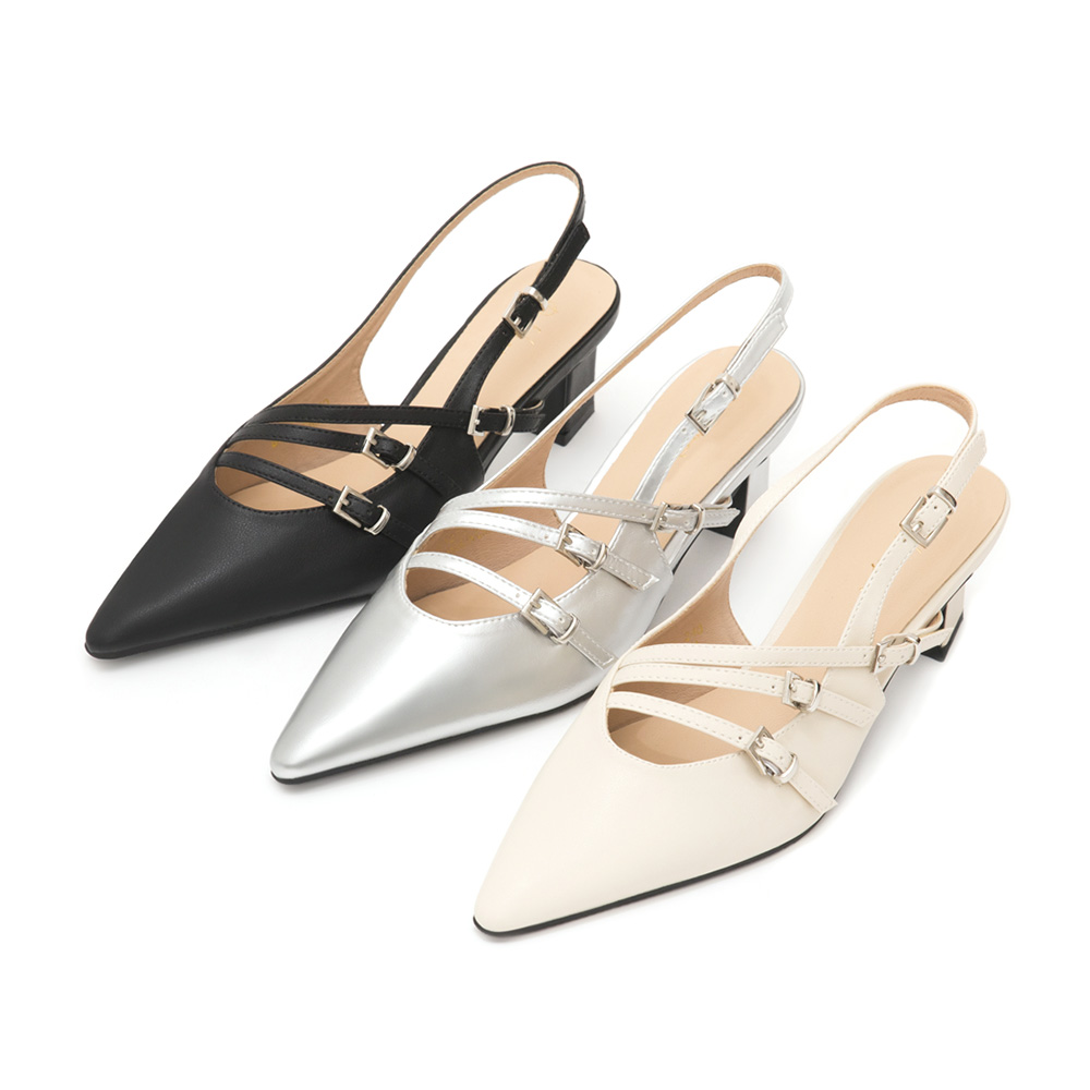 Three-Strap Pointed-Toe Slingback Heels Silver