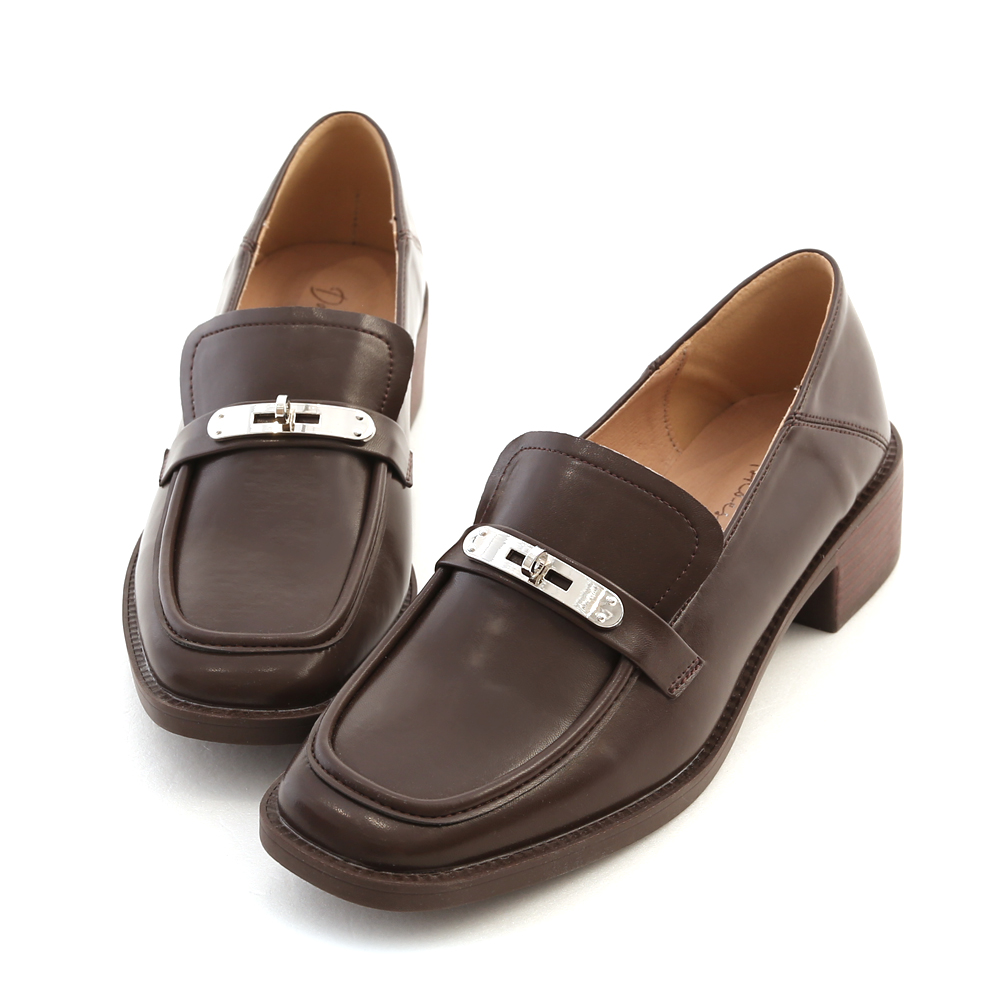 Metal Buckle Wooden Heel Loafers Dark Brown