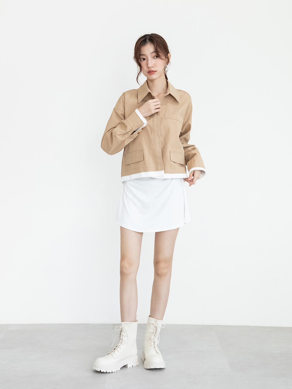 個性boy風針織拼接綁帶短靴 米白色