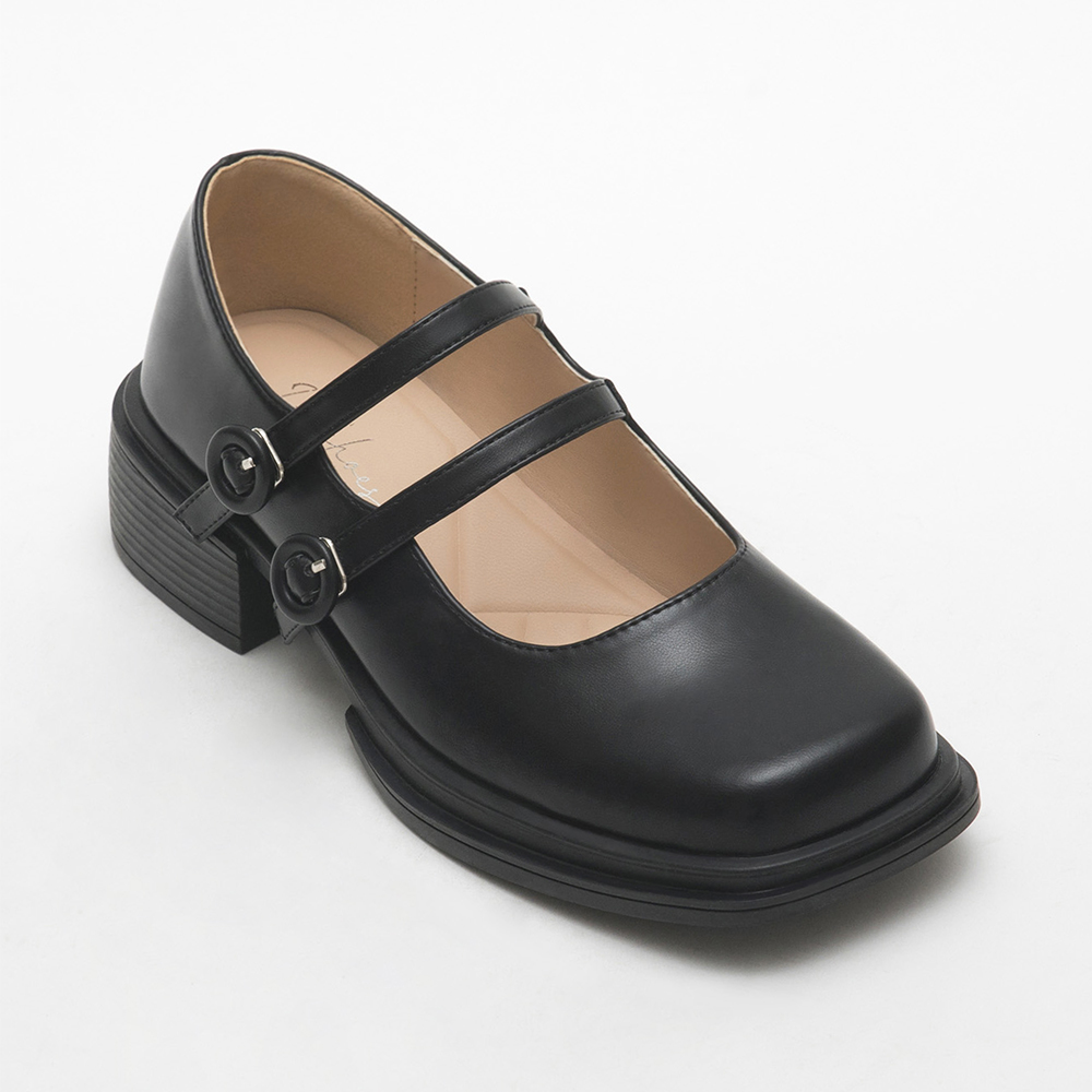 Double-Strap Square Toe Mary Jane Shoes Black