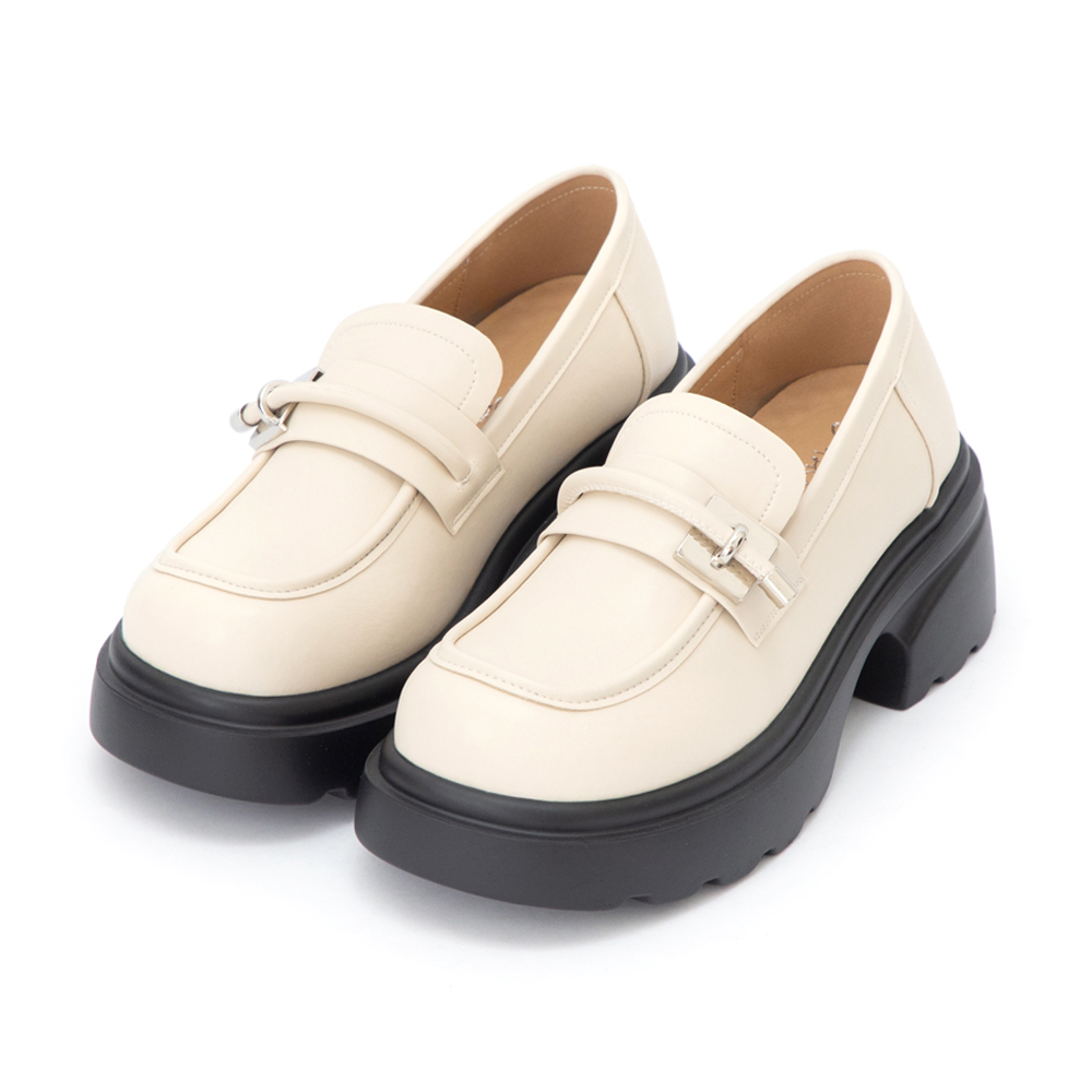 全日舒適小方塊厚底樂福鞋 米白色