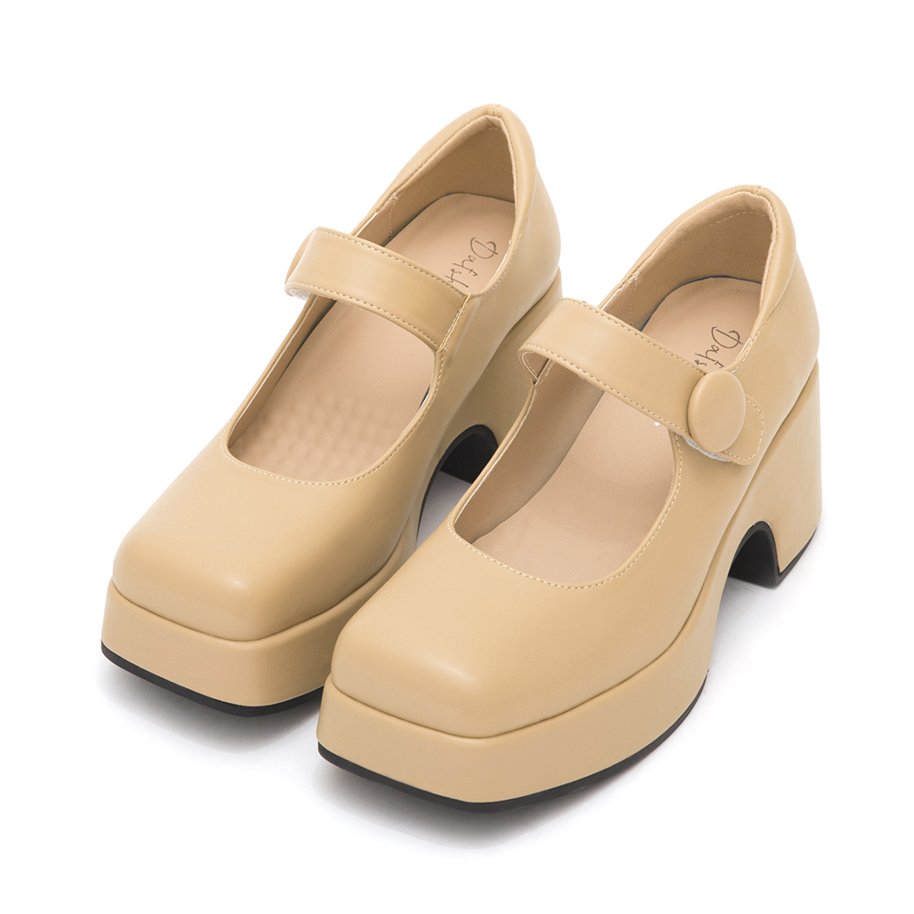 Square-Toe Thick-Soled Mary Jane Shoes Beige