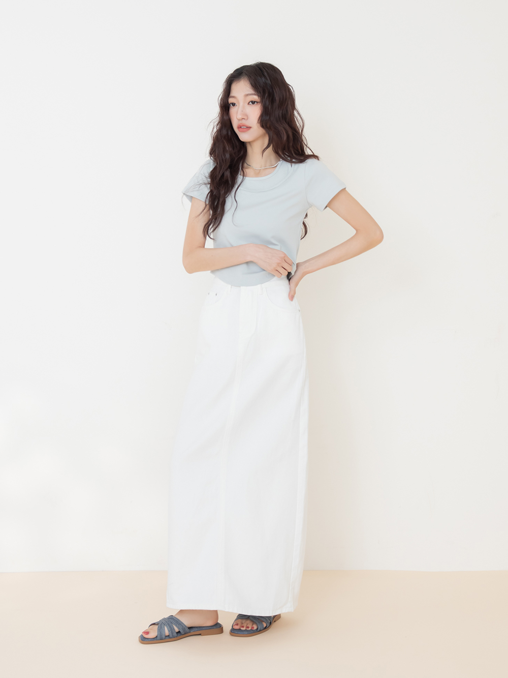 慵懶假期立體車線平底拖鞋 牛仔藍