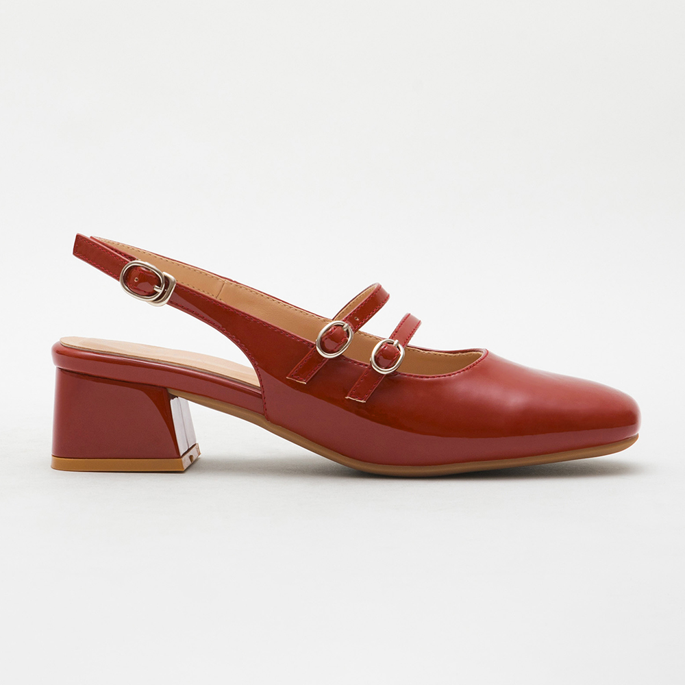 Patent Leather Double Strap Low-Heel Slingback Mary Jane Shoes 磚紅