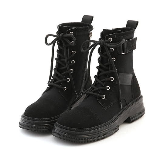 Stitching Lace-Up Biker Boots Black