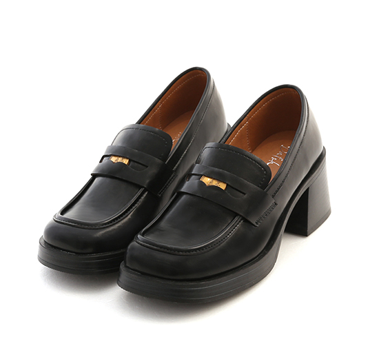Lucky Gold Coin Wooden Heel Loafers Black