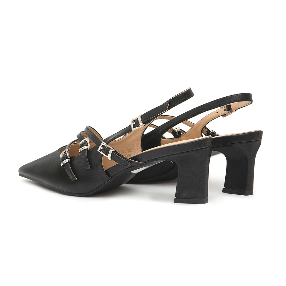 Three-Strap Pointed-Toe Slingback Heels Black