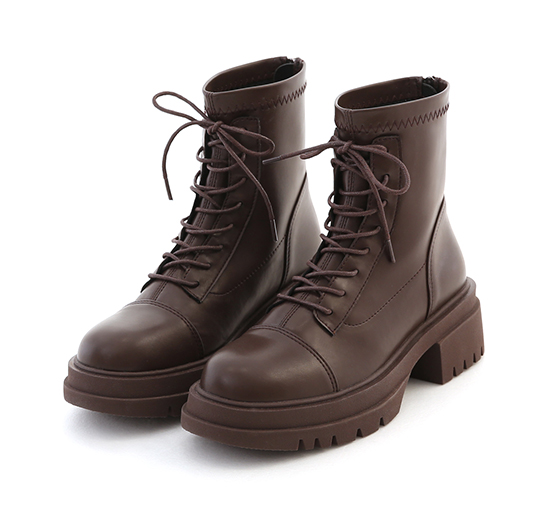 Soft Leather Thick Sole Lace-up Boots Dark Brown