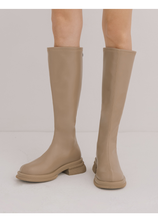 Plain Round Toe Under-The-Knee Boots Beige