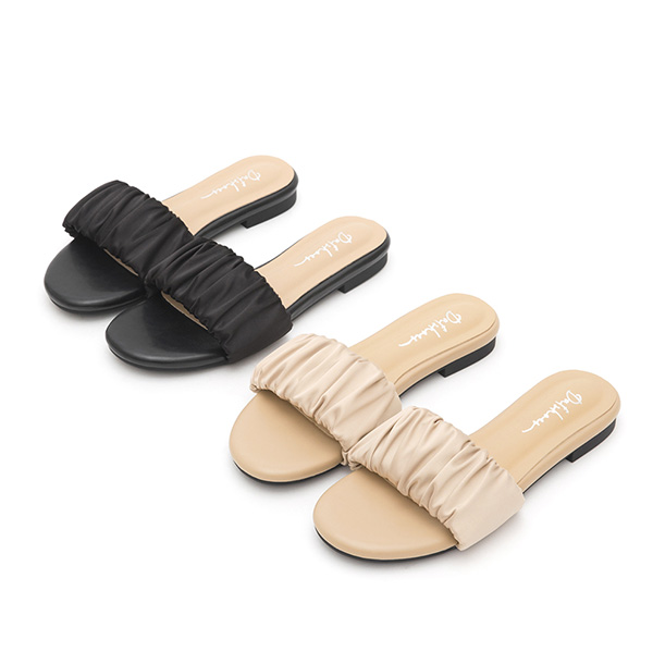 Satin Ruched Details  Flat Slides Beige