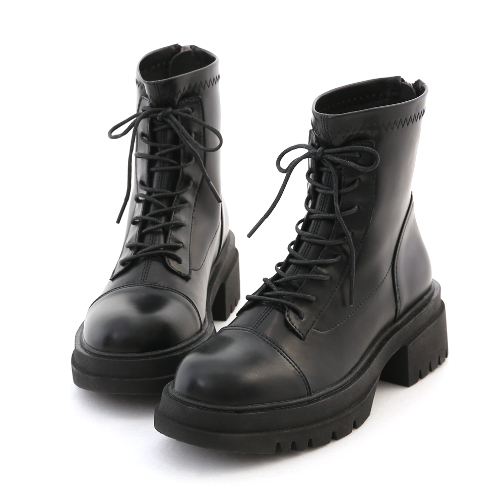 Soft Leather Thick Sole Lace-up Boots Black