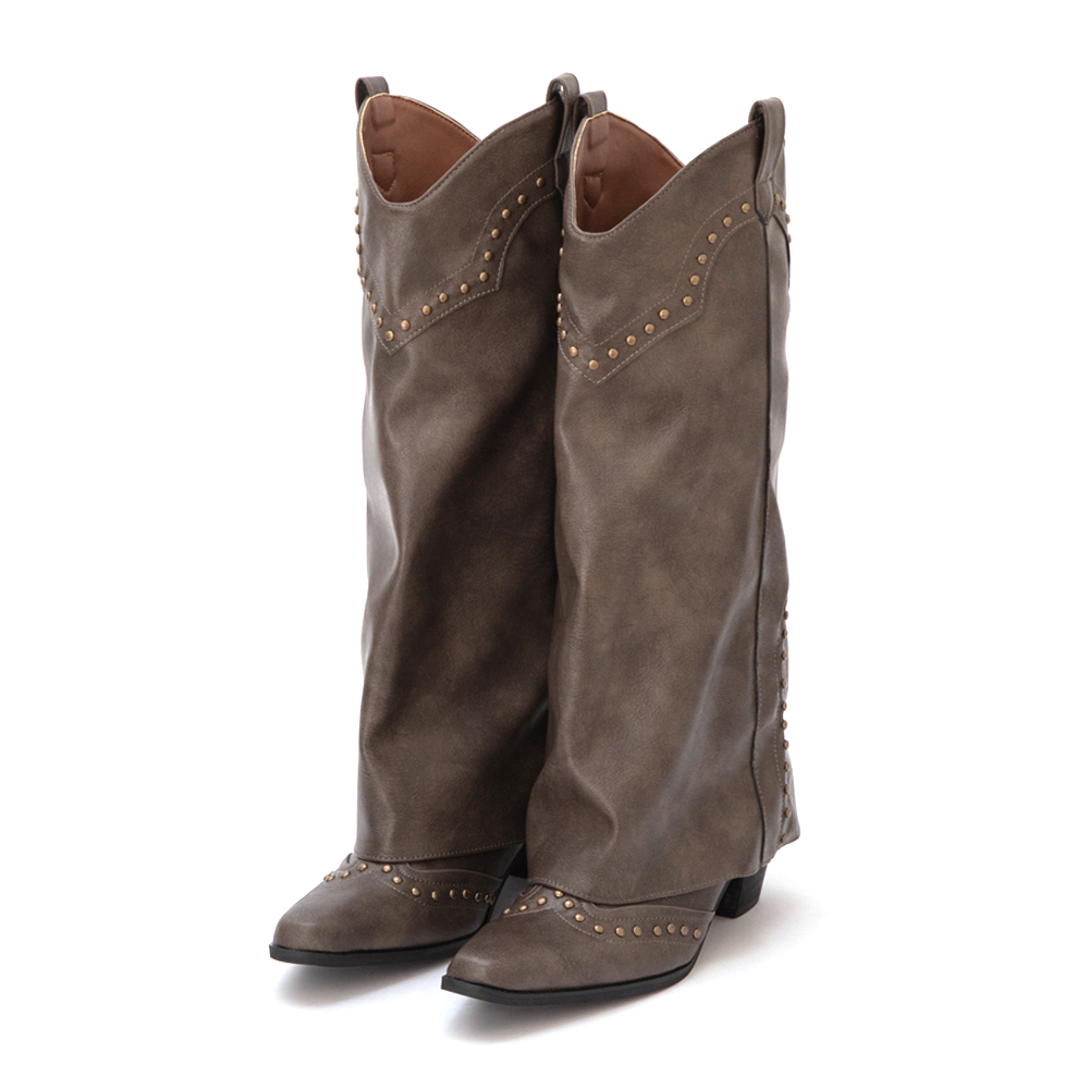 星光鉚釘V口復古西部褲管靴 摩卡棕